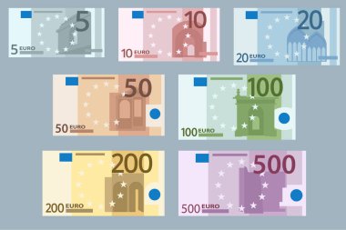 Beyaz arka planda 5,10, 20, 50, 100, 200 ve 500 avroluk banknotlar halinde yığınlar halinde. Avrupa Birliği kağıt parası beş, on, yirmi, elli, yüz, iki yüz, beş yüz avro..