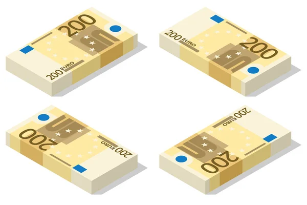 Billetes Isométricos Denominaciones 200 Euros Sobre Fondo Blanco Papel Moneda — Archivo Imágenes Vectoriales