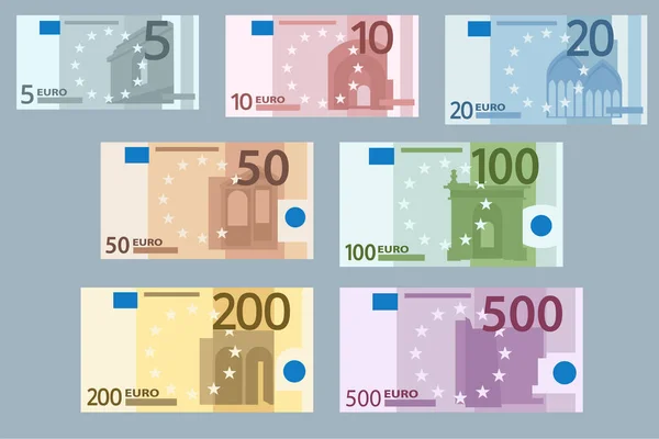 Montones Billetes Denominaciones 100 200 500 Euros Sobre Fondo Blanco — Vector de stock