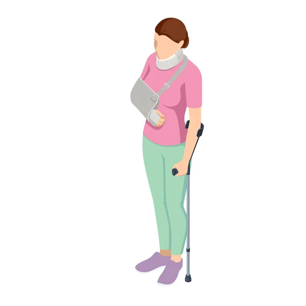 手臂受伤及颈部受伤的等距妇女 社会保障和健康保险概念 有石膏和固定衣领的人 — 图库矢量图片