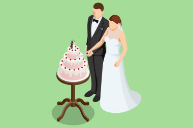 Düğün Pastası 'nın İzotrik Kesimi. Gelin ve damat düğün yemeğinde düğün pastalarını kesiyorlar.