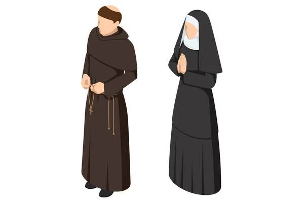 Isométrique Moine Catholique Chrétien Une Religieuse Robes Traditionnelles Sur Fond — Image vectorielle