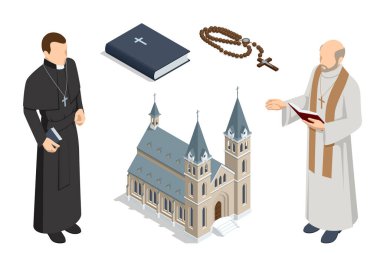 İznik Katolik kilise binası, Katolik İncili, beyaz arka planda soyutlanmış cübbeli Katolik Rahip. Papaz, dindar insanlar. Din ve onun temsilcileri.
