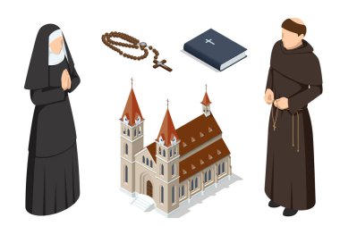 İznik Katolik kilise binası, Katolik İncili, Katolik Rahip ve beyaz arka planda izole edilmiş geleneksel cübbeli bir rahibe. Papaz, dindar insanlar. Din ve onun