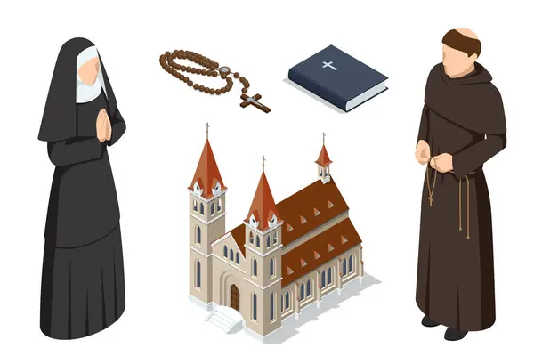 Isometric Catholic church building, catholic bible, Catholic Priest and A nun in traditional robes in vestment isolated on a white background. Pastor, religious people. Religion and its