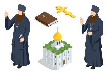 İzometrik Kutsal İncil ve Haç. Ortodoks kilise binasında cübbeli Hıristiyan bir rahip. Ruhanilik, Din ve Umut. Din ve onun temsilcileri