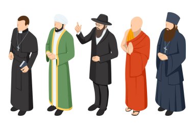 Bir grup dindar insan. Katolik rahipler, Budist keşişler, Hıristiyan rahipler, patrikler, haham Yahudileri, Müslüman mollalar. Din ve onun temsilcileri