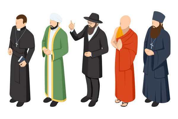Isometric Set of religion people. Catholic Priest, buddhist monk, christian priests, patriarchs, rabbi judaist, muslim mullah. Religion and its representatives