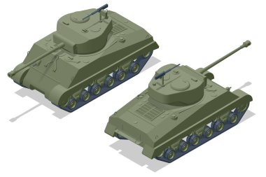 Isometric USA Tank Medium Tank M4 Sherman 76W. Zırhlı araç ön cephede çarpışmak için tasarlandı, ağır ateş gücüyle..