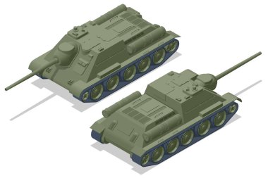 Isometric SSCB Tankı, tank destroyeri SU-85. Zırhlı araç ön cephede çarpışmak için tasarlandı, ağır ateş gücüyle..