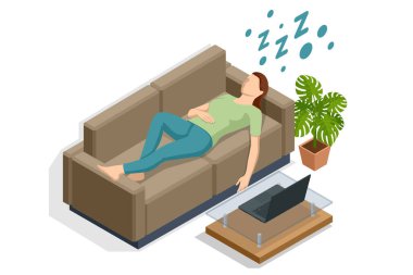 Isometric evdeki kanepede uyuyan bir adam, yanında dizüstü bilgisayarı olan bir masa var. Yorgunluk ve yorgunluk kavramı.