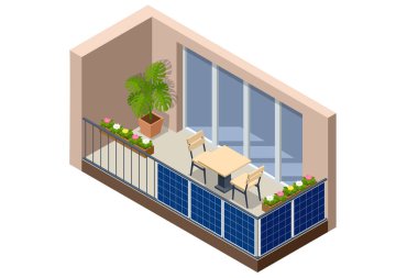 Dairenin Balkonundaki Isometric Güneş Panelleri. Küçük Güneş Paneli enerji sistemi. Balkonda Küçük Yerel Güneş Paneli Enerji Sistemi
