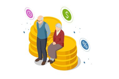 Isometric Emekli Tasarruf Konsepti. Ekonomik bağımsızlık fikri. Ekonomi ve zenginlik. Büyükbabalar rahat bir yaşam için para biriktiriyorlar.