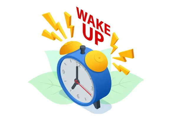 闹钟醒来时的等距表示 伴随着闪光的闪电的铃声手表 早上的警报 时间倒计时 预示着最后的机会出售或接近截止日期 — 图库矢量图片#