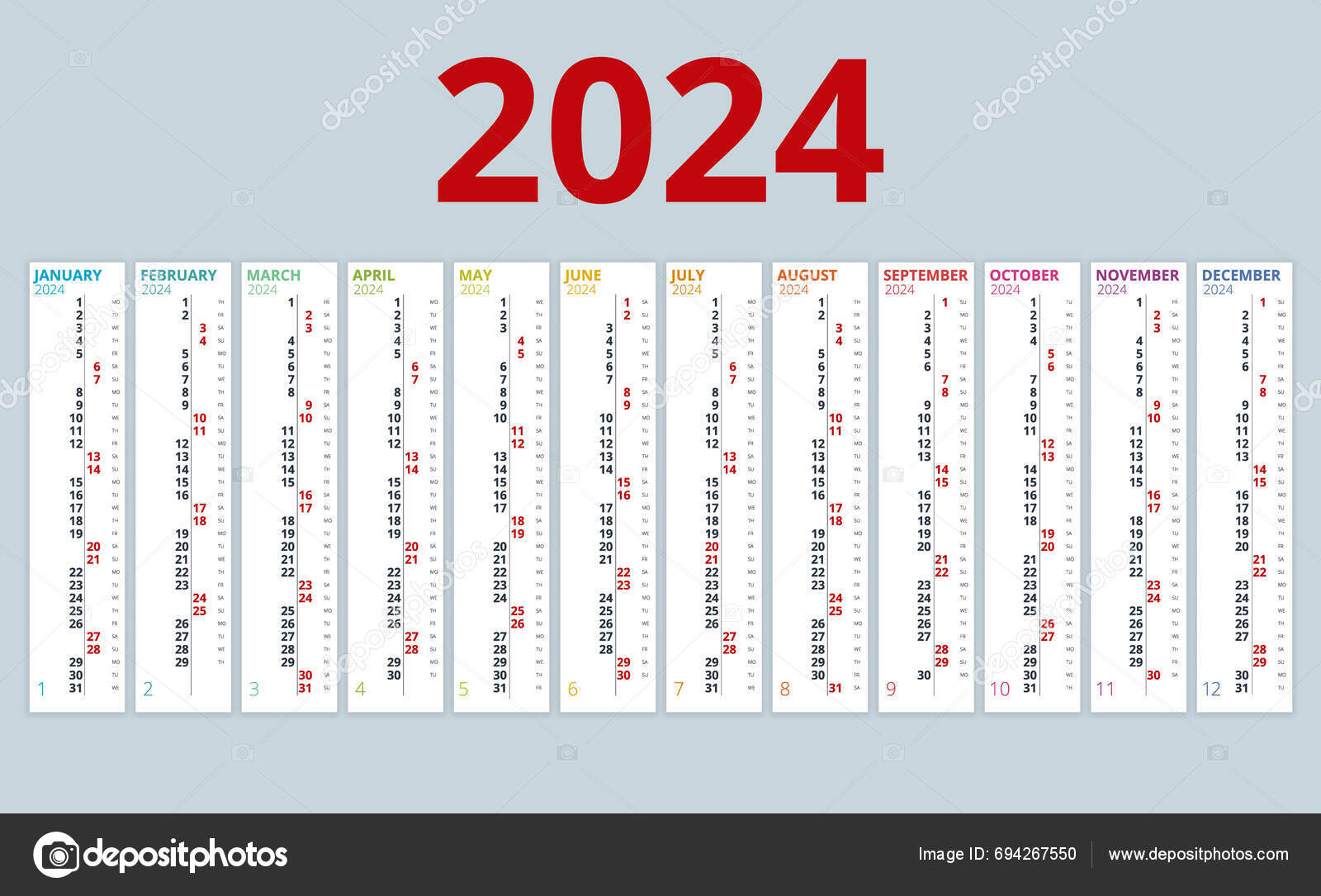 Vertical Rainbow 2024 Calendar Vector English Language 2024 Calendar