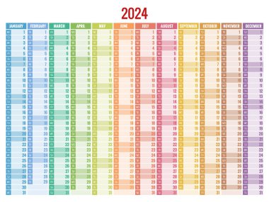 Vertical rainbow 2024 calendar vector, english language. 2024 Calendar of 12 Months. clipart