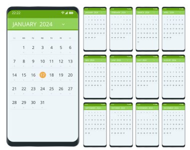 2024 için takvim planlayıcısı. 2024 yılının takvimi. Ajandalı akıllı telefon, bir aylık planlar. Tasarım baskı şablonu. 12 takvim sayfası kümesi