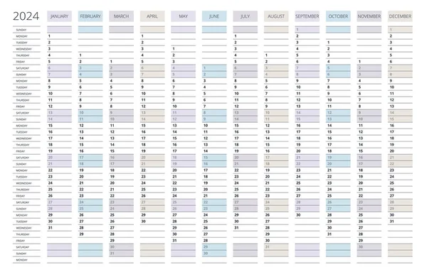 Vertikaler Kalendervektor 2024 Englische Sprache Monats Kalender 2024 Vektorgrafiken