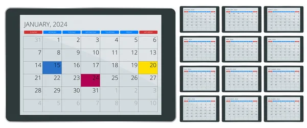Calendar Planner 2024 Calendar Template 2024 Stationery Design Print Templat — Stock Vector