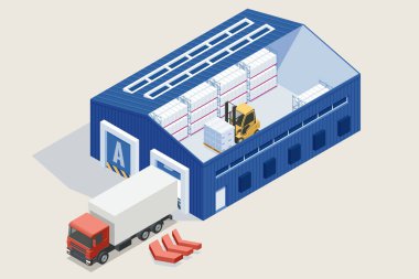 Forkliftleri ve kamyoneti olan Isome büyük modern bir depo. Teslimat şirketi. Eve ve ofise teslimat. Şehir lojistiği