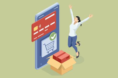 Web sitesinde ve cep telefonu tasarımında Isometric Online Shopping Store. Ödeme onaylandı, çevrimiçi kart ödemesi, online pazarlama akıllı telefon cihazı ve makbuzu