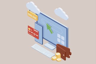 Web sitesinde ve cep telefonu tasarımında Isometric Online Shopping Store. Ödeme onaylandı, çevrimiçi kart ödemesi, online pazarlama akıllı telefon cihazı ve makbuzu