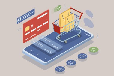 Web sitesinde ve cep telefonu tasarımında Isometric Online Shopping Store. Ödeme onaylandı, çevrimiçi kart ödemesi, online pazarlama akıllı telefon cihazı ve makbuzu