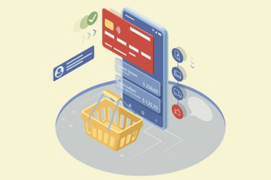 Web sitesinde ve cep telefonu tasarımında Isometric Online Shopping Store. Ödeme onaylandı, çevrimiçi kart ödemesi, online pazarlama akıllı telefon cihazı ve makbuzu