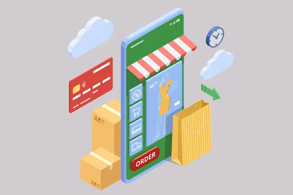 Isometric Online Shopping Store Webových Stránkách Mobilní Telefon Design Platba — Stockový vektor