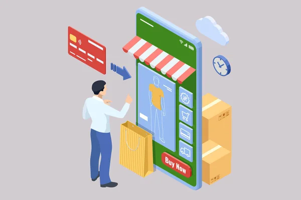 Isometric Online Shopping Store Webových Stránkách Mobilní Telefon Design Platba — Stockový vektor