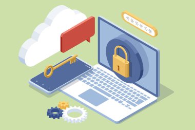 Isometrics verileri ve gizliliği korur. Güvenlik ve gizli veri koruması, karakter kaydetme kodu konsepti ve kontrol girişi. Siber güvenlik kavramı, kullanıcı gizliliği güvenliği ve şifrelemesi