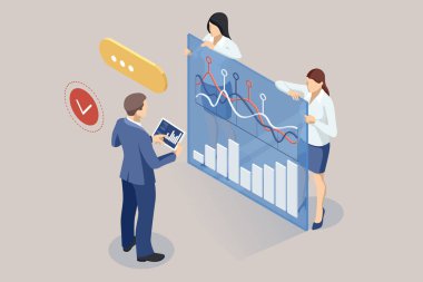 İş ekibi işbirliği mali veriler ve pazarlama büyüme raporlarıyla analiz etmeyi takım halinde, şirket kârından yararlanmak için strateji planlama, sunum ve beyin fırtınası grafiği üzerinde tartışır.