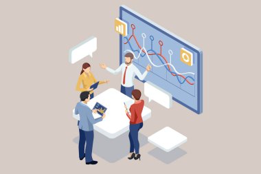 İş ekibi işbirliği mali veriler ve pazarlama büyüme raporlarıyla analiz etmeyi takım halinde, şirket kârından yararlanmak için strateji planlama, sunum ve beyin fırtınası grafiği üzerinde tartışır.