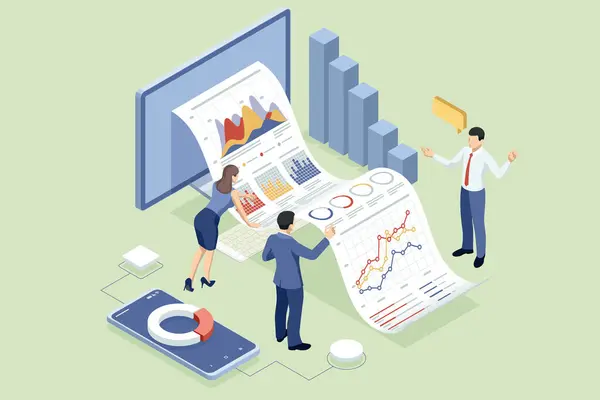Kolaborasi Tim Bisnis Yang Membahas Analisis Kerja Dengan Data Keuangan Stok Vektor