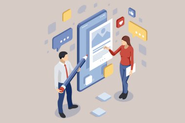 Isometric Blogger Terfi Servisi. Ağ Pazarlama Sezgileri. Sosyal medya platformu, çevrimiçi sosyal iletişim uygulamaları