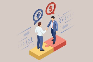 Concept of isometric puzzle assembly featuring light bulb and currency, representing investment and virtual finance. Engaging in an idea and attracting investors.