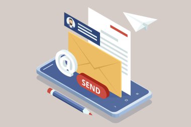 Isometric Email, Message and Communication. Mail Communication Connection.