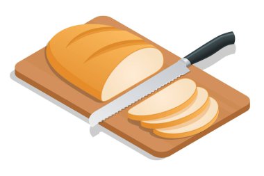 Mutfak masasındaki Isometric taze ekmek. Tam tahıllı ekmek. Parçalara ayrılmış taze çıtır ekmek ve bıçak.