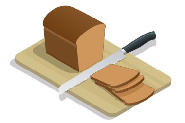 Mutfak masasındaki Isometric taze ekmek. Tam tahıllı ekmek. Parçalara ayrılmış taze çıtır ekmek ve bıçak.
