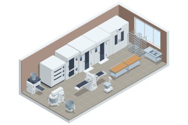 Endüstriyel ekmek üretiminin Isometric konsepti. Otomatik fırın üretim hattı. Taze sıcak ekmek.