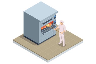 Endüstriyel ekmek üretiminin Isometric konsepti. Otomatik fırın üretim hattı. Taze sıcak ekmek.