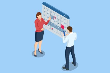 Isometric Anımsatıcı, Takvim Uygulamasında Planlama Günü Randevusu. İşadamı Etkili Çalışma Süresini Yönetir.