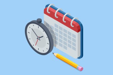 Isometric Anımsatıcı, Takvim Uygulamasında Planlama Günü Randevusu. İşadamı Etkili Çalışma Süresini Yönetir.