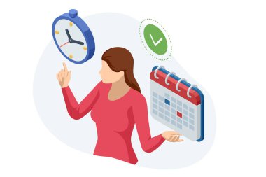 Isometric Anımsatıcı, Takvim Uygulamasında Planlama Günü Randevusu. İş kadını etkili çalışma süresini yönetir.