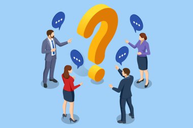 Isometric Soru İşaretleri, sorgulu mesaj kutusu, Chatbot teknolojisi yapay zekaya dayalı yapay zeka üzerine sohbet robotu. Kadın ve Erkek Sorular Sor ve Cevapları Al