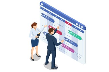 Isometric İş Projesi Yönetim Sistemi. Plan görevleri ve ilerleme için program. İnşaat ve operasyon stratejisi. Başarılı iş planı görevleri