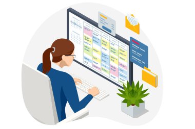 Isometric Proje yöneticisi görev ve kilometre taşlarını güncelliyor. Dijital Takvim Programı. Plan görevleri ve ilerleme için program. Başarılı iş planı görevleri
