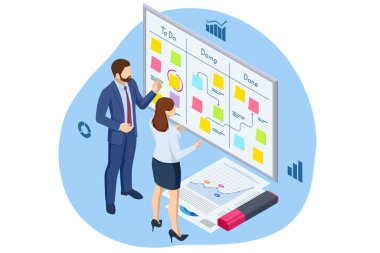 Isometric Proje yöneticisi görev ve kilometre taşlarını güncelliyor. Dijital Takvim Programı. Plan görevleri ve ilerleme için program. İnşaat ve işletim stratejisi.