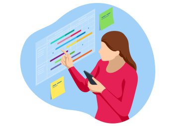 Isometric Proje yöneticisi görev ve kilometre taşlarını güncelliyor. Dijital Takvim Programı. Plan görevleri ve ilerleme için program. İnşaat ve işletim stratejisi.