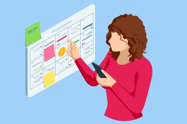 Isometric İş Projesi Yönetim Sistemi. Scrum görev kurulu proje yöneticisi görev ve kilometre taşı planlamasını güncelliyor. Dijital Takvim Zamanlaması.